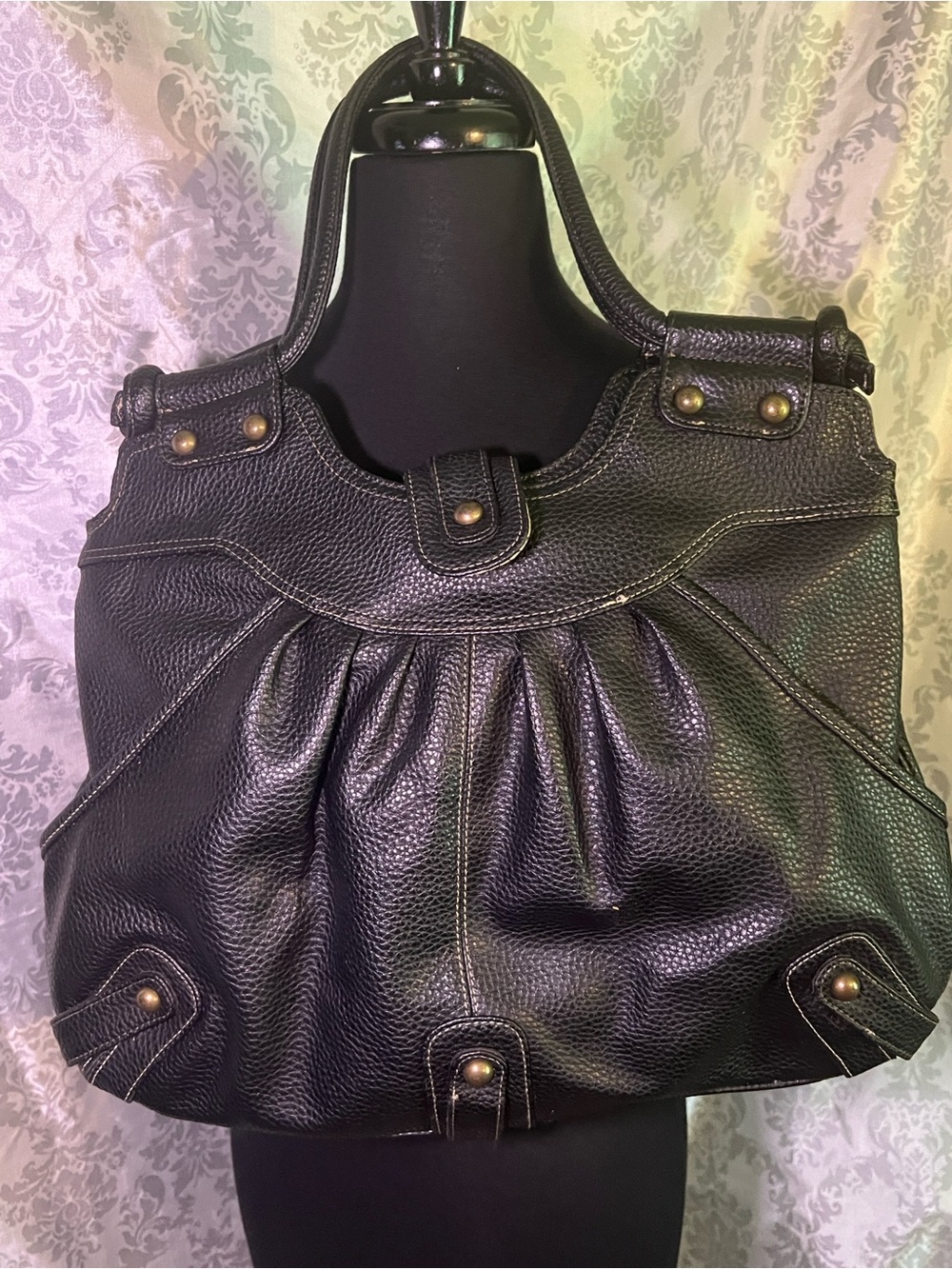 Black Pebbled Vegan Leather Tote Handbag